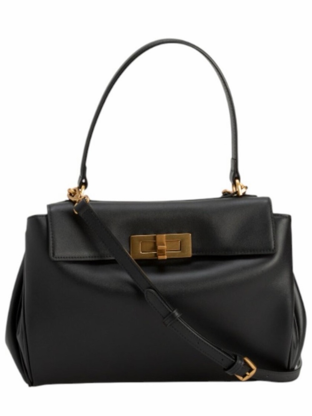 Black Leather Satchel with Gold Hardware - Structured Top-Handle Bag
